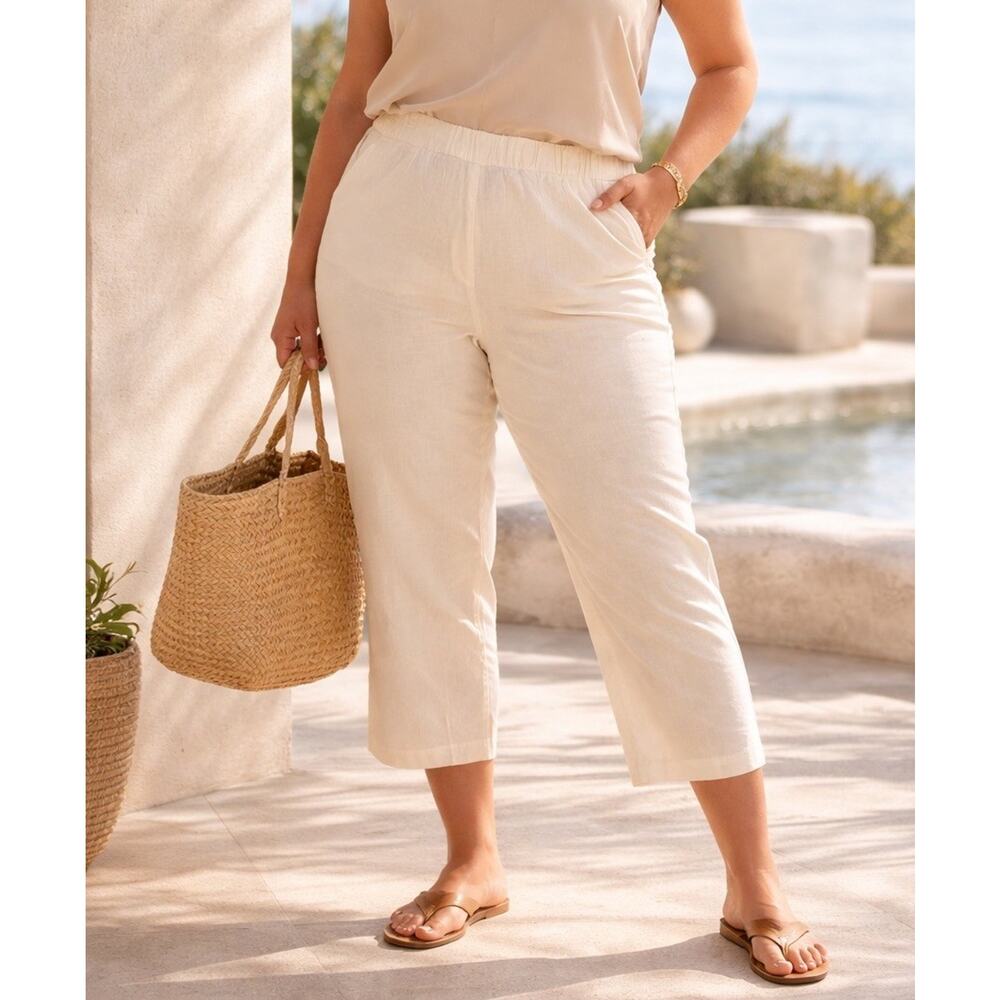 Investments Pants Womens 3X White Stretch Linen Pull On Cropped Lightweight NWT